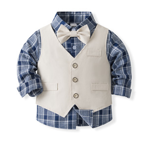 Ensemble de vêtements formel élégant pour bébé garçon, 3 pièces, chemise à carreaux, <span class=keywords><strong>gilet</strong></span>, nœud papillon, pantalon pour mariage, fête d'anniversaire, tout-petits, enfants - Product Image 2