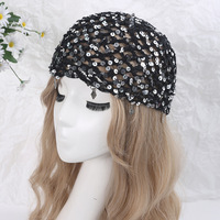 Gorro ajustable retro tejido a mano con lentejuelas para mujer, gorro de encaje hueco elegante y versátil para adulto