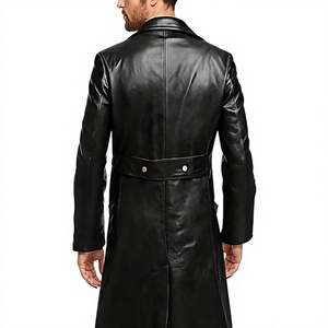 Manteau long en cuir véritable pour homme, double boutonnage, col à revers, avec poches, coupe classique - Product Image 3