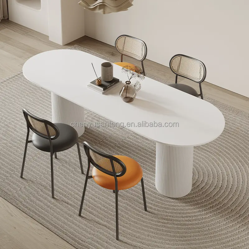 Mesa de comedor con base dorada de alto brillo para 4 y 6 asientos, mueble moderno con listón blanco