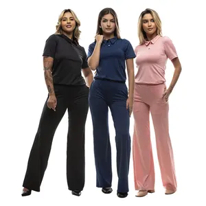 YH Wholesale Private Label Drop Shoulder Uniform Scrub Top Set High Waisted Wide Leg Uniform Hospital Medical Scrubs With Polo