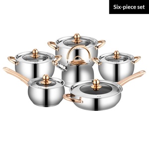 Ensemble de casseroles en acier inoxydable de luxe moderne à trois couches, 6 pièces avec poignée dorée, couvercle combiné, durable et facile à nettoyer - Product Image 5