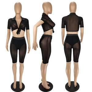 <span class=keywords><strong>2022</strong></span> Sexy <span class=keywords><strong>primavera</strong></span> <span class=keywords><strong>estate</strong></span> 2 pezzi abito da donna maglia Patchwork manica corta scollo a v camicia elastico in vita Set di pantaloncini a due pezzi - Product Image 6