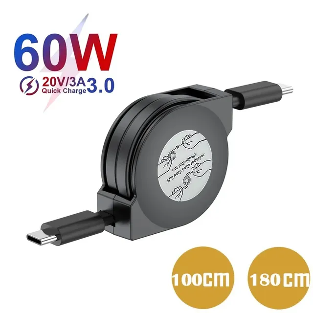 Retractable PD 60W USB C to USB C Data Cable, Notebook Fast Charging Cord Compatible with Type C Phone Switch Tablets and More