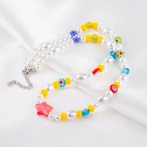 yunnique Japanese Korean Style <b>Sweet</b> Bohemian Imitation Pearl Beaded Necklace With <b>Flower</b> Pattern For Men And Women - Product Image 1
