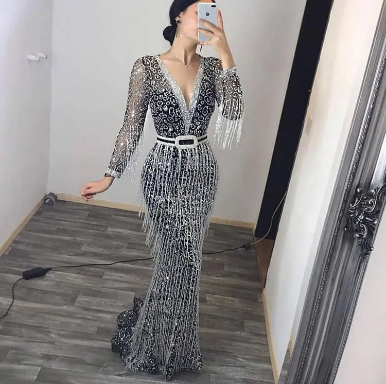 Sang Trọng Gown Sexy Phụ Nữ Buổi Tối Dresses Phụ Nữ Thanh Lịch Dài Tay Áo Bán Buôn Tua Tôn Tạo Chính Thức Đảng Đầy Đủ Tự Nhiên Đơn Giản