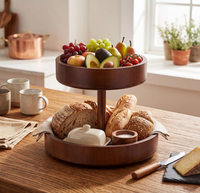 Hoogwaardige decoratieve 2-laags ronde houten fruitschaal, houten fruitschaal voor aanrecht voor het presenteren van fruit, snacks en brood