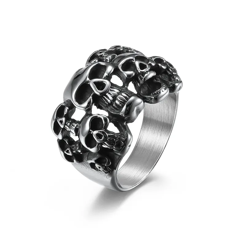 Fashion new men's hip hop gothic silver rings jewelry 316l stainless steel multiple skull finger ring