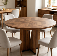 Table à manger ronde extensible moderne en noyer italien, plateau en parquet géométrique avec base en bois massif pour la maison ou l'hôtel
