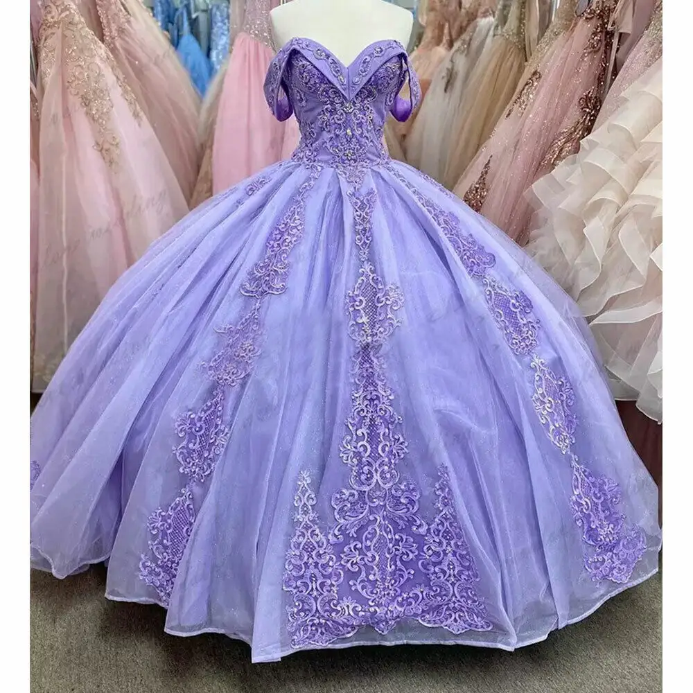 Vestidos de princesa para quinceañera, vestidos de diseño de 2023, vestido de baile con hombros descubiertos, apliques de encaje, 15 y 16 vestidos