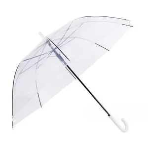 23 Polegada Transparente Transparente Plástico Branco Handle POE Material Automático Aberto Guarda-chuva Reta