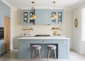 Cucina francese Country a forma di <span class=keywords><strong>L</strong></span>: armadi Shaker <span class=keywords><strong>blu</strong></span> morbidi, unità superiori con facciata in vetro, <span class=keywords><strong>isola</strong></span> rifinita in ottone, angolo da pranzo accogliente - Product Image 4