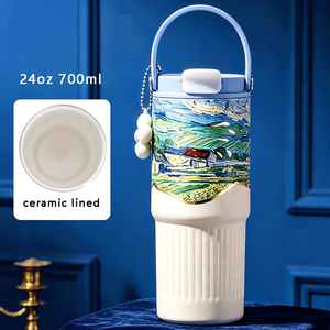 แก้วเซรามิก 25 ออนซ์ 750 มล. แก้วเซรามิกเคลือบลายภาพวาดสีน้ำมัน ฝาปิดแบบสองช่องพร้อมหลอดดูด แก้วเคลือบเซรามิกด้านใน - Product Image 5