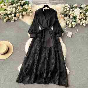 Vestido Maxi Romántico de Primavera Ecológico de Alta Calidad para Mujer Tallas Grandes con Cuello Halter, Manga Abullonada, Estilo Imperio, Patchwork y Encaje Tejido en Línea A - Product Image 1