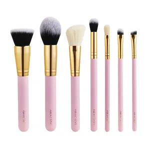 GR001 RTS Set de 7 pinceaux de maquillage rose, mignon, élégant, cosmétique, tube doré, logo personnalisé, pinceau de beauté avec sac de maquillage