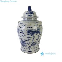 RXBN06-N Jarre de temple en porcelaine Chinoiserie bleu et blanc, motif lion Foo et Kylin, effet vieilli, avec couvercle à finition lion