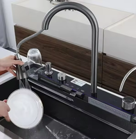 Wastafel Dapur Modern KAWAL dari Baja Anti Karat, Mewah dengan Desain Air Terjun Nano Hitam Persegi Panjang untuk Meja Dapur