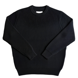 Pull col rond côtelé personnalisé en maille épaisse style pêcheur, coupe décontractée, noir minimaliste, hiver - Product Image 1