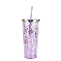 Gobelet cadeau en plastique à double paroi isolé sous vide de 24 oz avec paille, design écologique scintillant, isolation thermique de 6 à 12 heures, couvercle