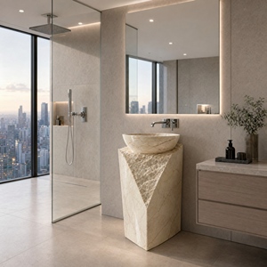 Poulars - Lavabo de Pedestal de Lujo para Montar en la Pared, de Piedra Natural y Artificial, para Lavado de Manos, Sofitel, Beige, Mármol - Product Image 4