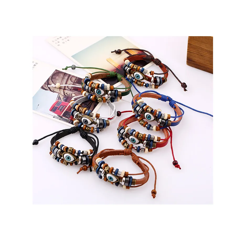 Cross border popular jewelry New beads eyes cowhide bracelet Pull adjustable lovers leather bracelet