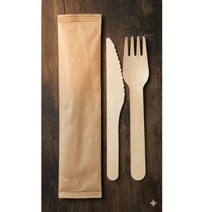 Tenedor y Cuchillo Biodegradables Ecológicos de Madera de Magnolia Conifera Envueltos en Papel Compostable - Product Image 1