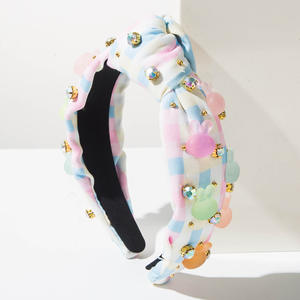 Pink and Blue <strong>Tartan</strong> Easter Sweet Cute Rabbit Rhinestone Knot <strong>Headband</strong> Color Bunny Hairband Holiday Hair Accessory for Girl - Product Image 1