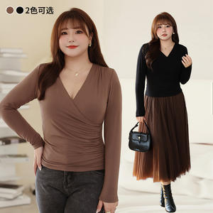 Runqi – chemisier tricoté à manches longues et col en v pour femmes, grande taille, couleur unie, café, haut d'automne, N8778 - Product Image 3