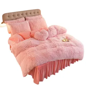 Conjunto de Roupa de Cama de Veludo de Pelúcia Falsa, Quente e Macio para Meninas, 4 Peças, Conjuntos de Capa de Edredom de Flanela - Product Image 1