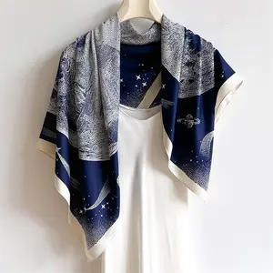 Wholesale Fashion 90*90cm Twill Silk Square Head Wraps Scarves Women Stylish Planet Star Pattern Silk Square Scarf Bandanas