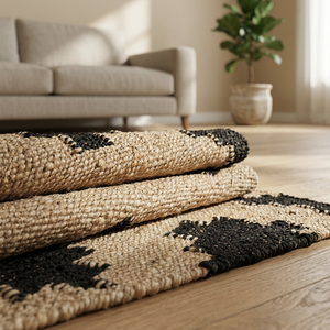 Alfombra Geométrica Kilim Rectangular Negra y Beige de Tejido Plano de Lana y Acrílico para Sala de Estar, Antideslizante con Base de Yute - Product Image 3