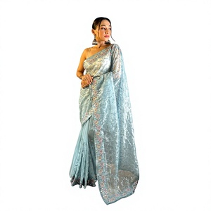 Sari de tela azul cielo con borde bordado, ropa tradicional india para bodas, para mujeres - Product Image 1