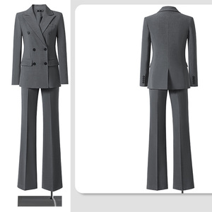 Women's Navy Blue Formal Suit Set Double Breasted Jacket Flared Pants Work Wear Spring Autumn Office Uniform - Product Image 3