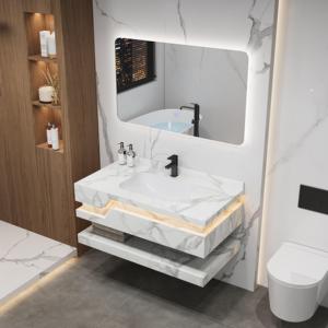 Conjunto de Mueble de Baño Moderno Personalizado con Lavabo Flotante de 2 Niveles en Piedra Sinterizada Blanca, Acabado Gris Oscuro Acanalado, sin Juntas, con Espejo Retroiluminado LED - Product Image 6
