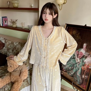 Meryjia Winter Two Pieces Vintage Velvet Pijamas <span class=keywords><strong>Mujer</strong></span> Soft Luxury Long Sleeves Pijamas - Product Image 1