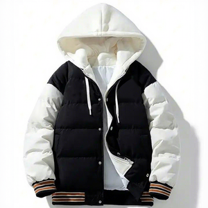 Veste d'hiver à capuche pour homme, style décontracté, avec empiècements de couleur, rembourrage épais en polyester, fermeture éclair - Product Image 1