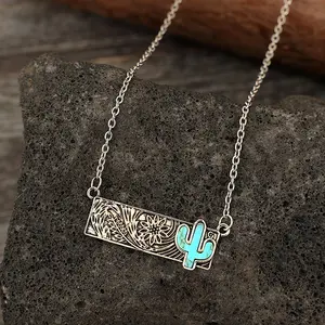 2023 Vintage Square Turquoise Cactus Lightning Cross Cowboy Boot Necklace for Woman