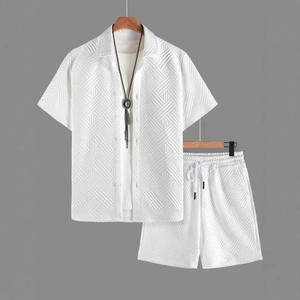 Ensemble chemise et short jacquard vert armée pour homme, tenue décontractée d'été en deux pièces, vêtements de loisirs - Product Image 4