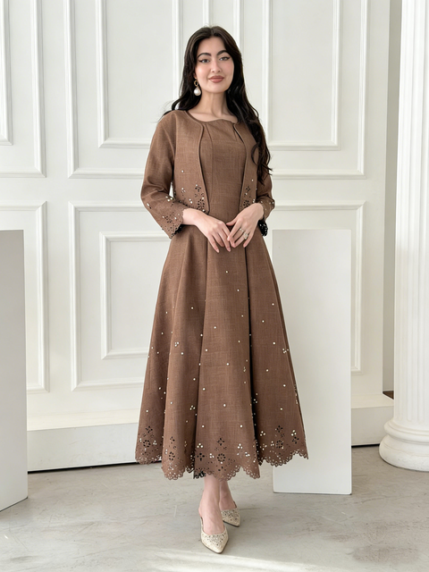 New Vintage Brown 2 Piece Set Formal Casual Wear  Midi Dress with Cropped Cardigan Handmade Cutwork Embroidery Woman Dress
