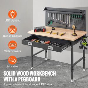 Banc de travail robuste à hauteur réglable, capacité de 2000 lb, <span class=keywords><strong>planche</strong></span> en chêne, cadre en acier pour garage, atelier - Product Image 2