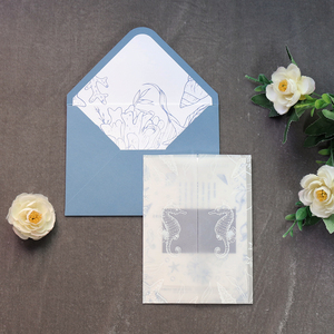 Juego de Invitaciones de Boda de Lujo en Papel Vellum Azul Polvoriento, con Diseño Náutico de Conchas Marinas, Caballitos de Mar y Estrellas de Mar, Monograma, Tarjeta de Regalo, Impresión Personalizada - Product Image 3
