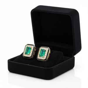 Pendientes de Oro Amarillo de 14 Quilates con Esmalte Negro, Esmeraldas y Diamantes de Laboratorio Certificados, Esmeralda Octogonal - Product Image 1