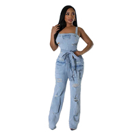 Combinaison Salopette Jean Une Pièce Estivale Décontractée Ample Respirante Tendance Sans Manches Déchirée Jambe Droite en Denim Non Extensible