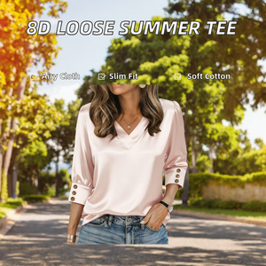 Women <b>Satin</b> <b>Blouse</b> V Neck Three Quarter Sleeve Button Cuff Slim Fit Office Casual - Product Image 2