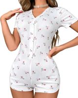 Soldes : Combinaison de nuit côtelée florale pour femme, douce et extensible, col en V, manches longues, pyjama mignon à motif floral, tenue d'intérieur en tissu côtelé doux