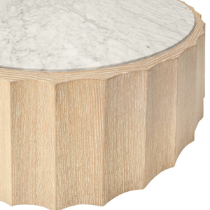 Moore Coffee <b>Table</b> Round coffee <b>table</b> with fluted detail in cerused oak with white carrara <b>marble</b> top. - Product Image 4