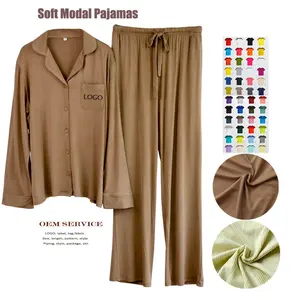 Factory Supplier OEM Custom Women Modal Pajamas Soft Knitted Wide Leg Bottom 2PCS Pajamas Set Full Length Sleepwear