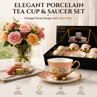 Ensemble de tasses et soucoupes en céramique florale de luxe en gros avec bordure dorée florale vintage, tasse à café en porcelaine, fournisseur OEM ODM