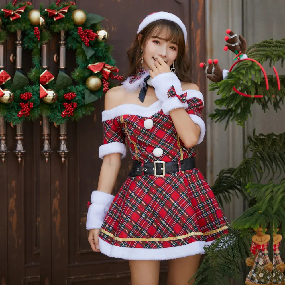Japanische und koreanische neue Weihnachts kleidung Adult Off-Shoulder Plaid Weihnachts kleid mit Gürtel Weihnachts nacht kleid
