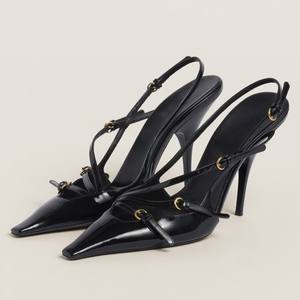 Zapatos de tacón alto para mujer con diseño de patente, múltiples tiras, anillo dorado, estilo stiletto, slingback, punta cuadrada y empeine abierto, venta al por mayor OEM - Product Image 6